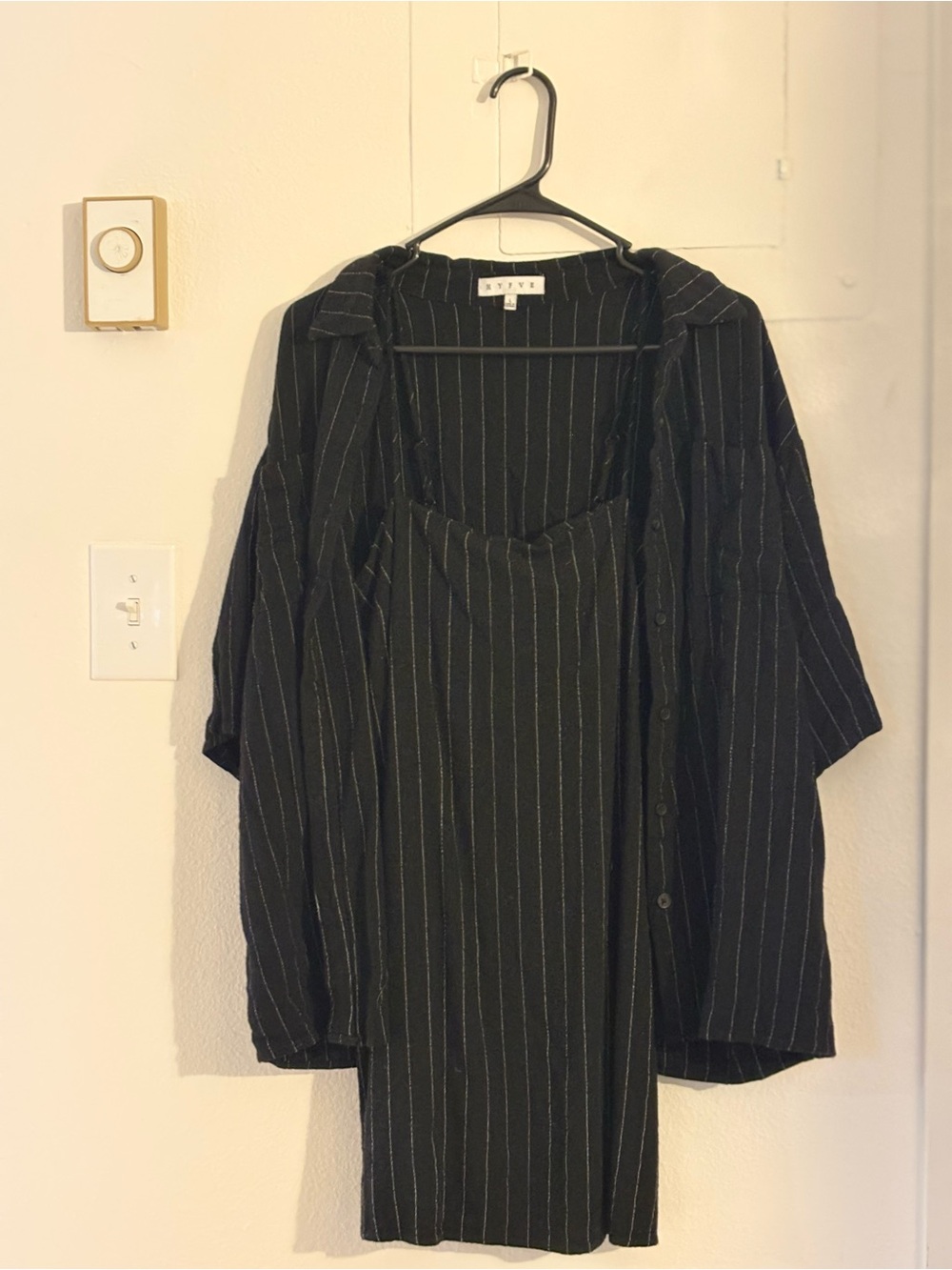 HYFVE Black Pinstripe Slip Mini with Button Up Over Shirt